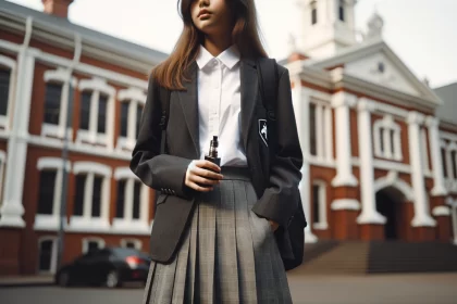 Girl in private school uniform vapes outside school