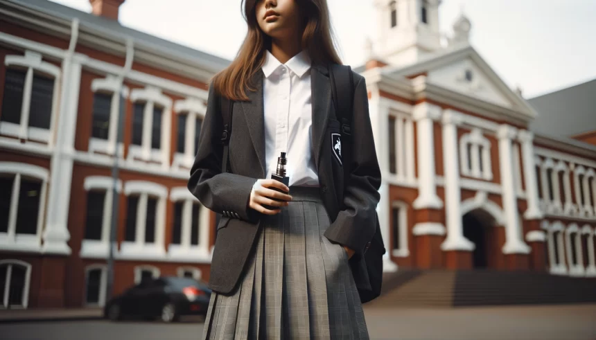 Girl in private school uniform vapes outside school