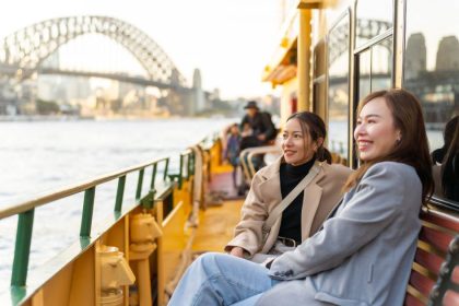 International students in a boat in Sydney Harbour
