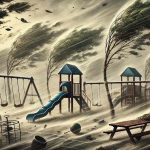 Cartoon of wild winds at a playground