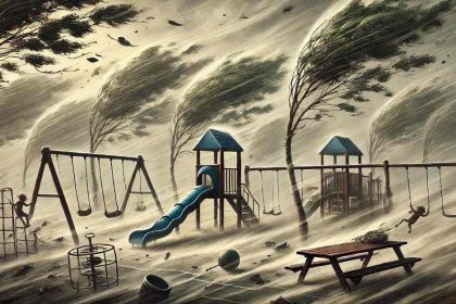 Cartoon of wild winds at a playground