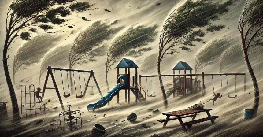 Cartoon of wild winds at a playground